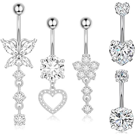 Elmsley 5PSC Belly Button Bars Dangly,Steel Belly Button Bars,Steel Butterfly Heart Dangle Navel Piercing Jewelry with for Women Girls and Valentines Gifts,Dangly Belly-Bars Jewelry Gifts (Silver)