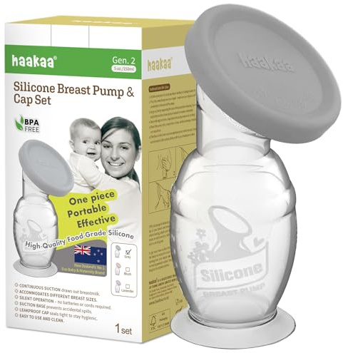 haakaa Extractor de Leche Manual de Silicona con Base de Succión y Tapa, Diseño de Una Pieza – Operación Silenciosa Manos Libres, Succión Natural, A Prueba de Derrames, 5oz/150ml, Gris