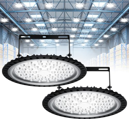 Viugreum 2 Pack 200W UFO LED High Bay Light, 20000LM Ultra Thin LED Warehouse Lighting 6500K Daylight White, IP65 Waterproof Commercial Bay Lighting Shop Area Workshop Garage Lights Fixtures