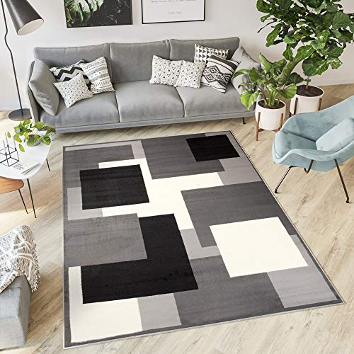 TAPISO Dream Teppich Wohnzimmer Modern Kurzflor Grau Schwarz Weiß Vierecke Karo Schlafzimmer Esszimmer Küche ÖKOTEX 120 x 170 cm