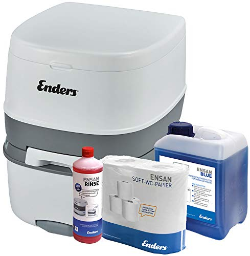 Enders Campingtoilette Supreme Blue Set - komfortable Höhe - hoch - inkl. 1L Sanitärflüssigkeit + 2,5L Blue Abwasserflüssigkeit + WC Papier (leicht löslich) - Chemietoilette - Mobile Toilette weiß
