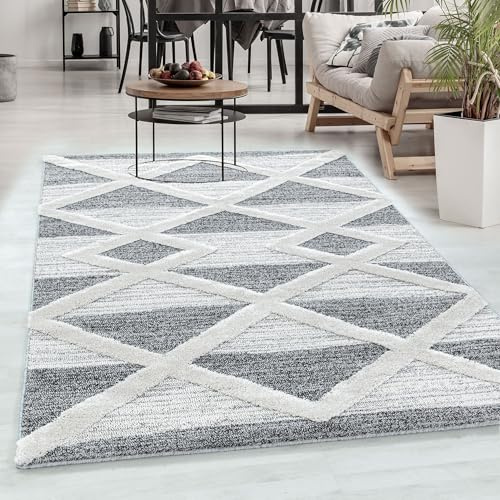 Carpetsale24 Teppich Läufer 80x250 cm Creme Grau 3D Hoch-Tief Effekt Hochflor Skandi Stil Rauten Design Modern Weich Pflegeleicht für Flur Korridor Eingangsbereich Küche Schlafzimmer