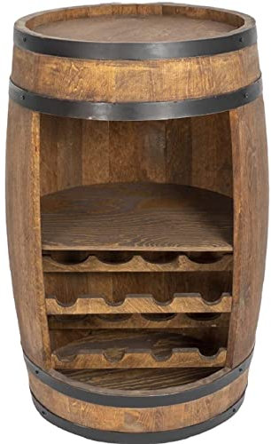 weeco Holzfass Fassbar mit Fachböden und 2 Weinregalen - Getränkeschrank Wine Rack Holzregal 82cm. Deko Zimmer. Aufbewahrungsschrank für Wein Whisky Bier Flaschen Fass Hausbar Weinflaschen