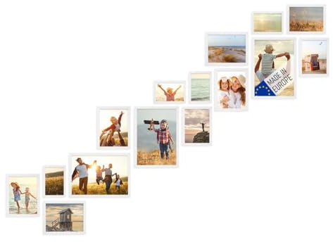 PHOTOLINI Bilderrahmen Set Holz Weiß, Holzbilderrahmen Made in EU, 15er Rahmenset mit Acrylglas, Bilder Rahmen zum Aufhängen, Bilderrahmen Treppenhaus weiss - für Ihre liebsten Fotos & Bilder