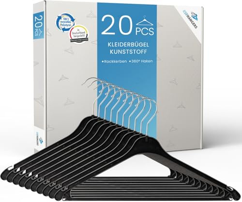 RSR-Hangers® Kleiderbügel K 43 cm aus Kunststoff 20 Stück Hemdenbügel 360° drehbarer Haken Blusenbügel Kunststoff Schwarz mit Hosensteg