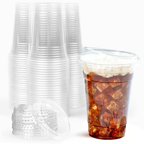 Prestee 100 Clear Disposable Iced Coffee Cups with Lids, 16oz - Plastic Cups with Strawless Sip Lids - Durable Cold Brew, Smoothie, or Beverage Cup for On-the-Go, Christmas and Holiday Party Supplies