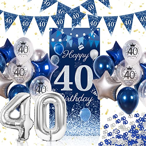 Deko 40 Geburtstag Männer, Blau 40. Geburtstag Dekorationen Banner Hintergrund, Konfetti Banner Girlande Wimpel,Luftballons 40. geburtstag deko Mann Frauen