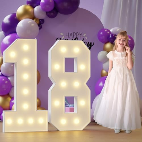 Rielmox Marquee Light Up Number 18, 4FT Large Birthday Decorations Party Decor White Anniversary Decoration w/Warm Lights for Boys Girls Kids Teens Adults