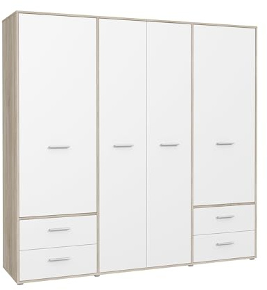 FORTE MOKKARO Schrank 200 210, Kleiderschrank Schlafzimmer Drehtürenschrank Modern, 4-türig mit 4 Schubladen, Einlegeböden und Kleiderstange, Weiß, 206 cm breit x 200 cm hoch x 53 cm tief