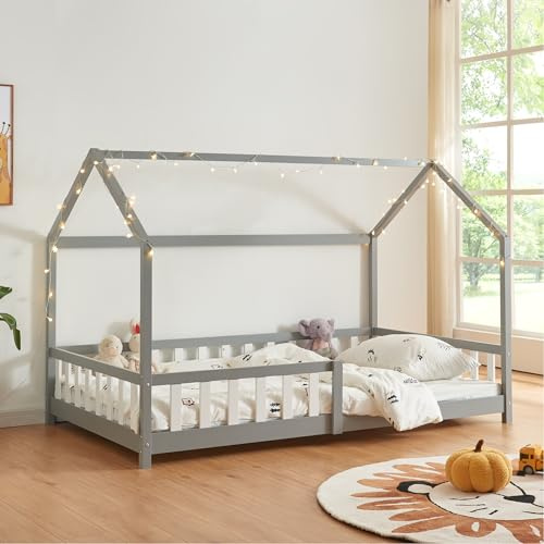 [en.casa] Kinderbett Hesel Hausbett Grau 140 x 200 cm mit Rausfallschutz und Lattenrost Montessori Bodenbett Jugendbett Holzbett