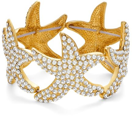 WOWORAMA Goldenes Seestern Armband für Damen breit klobig Strass dehnbare Armreifen, glänzendes Kristall Ozean Seestern Armban Sommer Strand Statement-Armband