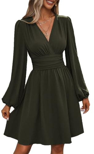 UUAISSO Vestido Casual para Mujer Manga Larga Cintura Alta Vestido Cruzado con Cuello en V Vestido Midi Verde Militar S