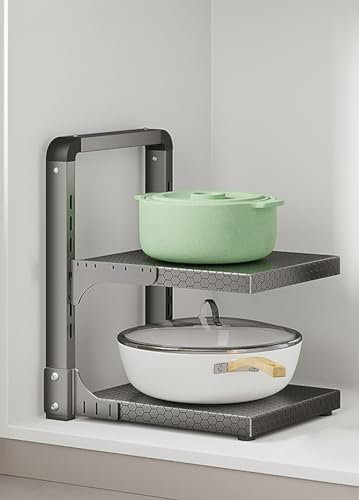 Estante ajustable para ollas y sartenes de acero al carbono para ollas resistentes y sartenes de hierro fundido, soporte gris de 2 niveles para armario o encimera de cocina