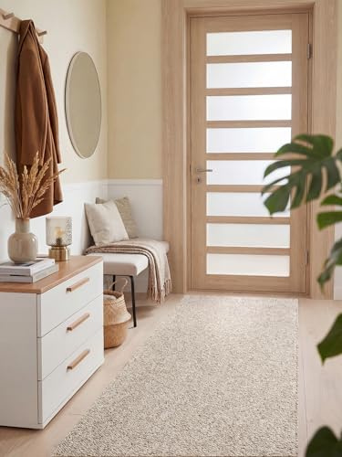 Elle Decoration Rocco - Flachgewebe Läufer, Maschinen Waschbar, Woll Optik, Langlebig & Nachhaltig, Modern, Skandi Look für Wohnzimmer, Esszimmer, Schlafzimmer, Flur - Creme Multifarben, 80x240cm