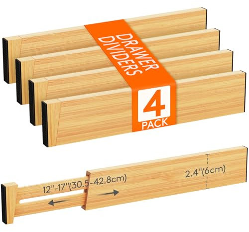 Lifewit Set di 4 divisori per cassetti regolabili in bambù, 6 cm di altezza e 31 – 42 cm di lunghezza, divisore per cassetti, organizzatore per cassetti per cucina, armadi, scrivania/toccata