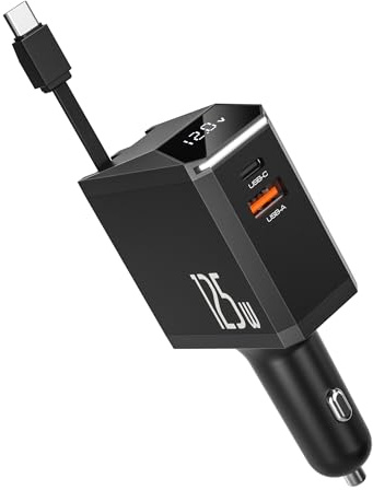 Auto Ladegerät Zigarettenanzünder, 125W Einziehbares Kfz ladegerät USB C | Autoladegerät Zigarettenanzünder,Auto Zubehör Handy Adapter,Integriertes Einziehbares Typ-C Kabel Schnellladegerät