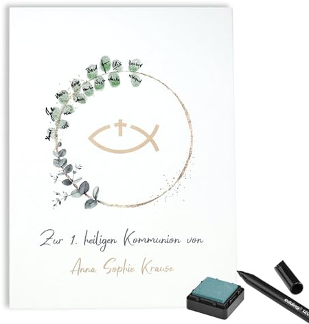 KATINGA Personalisierte Leinwand Fingerabdruck - Eukalyptus Design, inkl. Stempelkissen & Stift (Kommunion)