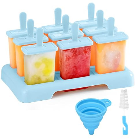 11 Piece Set of Blue Popsicle Molds, Ice Lolly Moulds with Sticks, Food Grade BPA-Free Ice Pop Moulds, Popsicle Mould Reusable DIY Ideas Ice Lolly Stick (9 molds, 1 Funnel, 1 Brush, Blue)