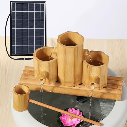 Fontana Solare in bambù per Esterni, Kit per Fontana in bambù Feng Shui, Fontana Giapponese in bambù con Paletta, Design a 4 uscite d'Acqua, Crea Un Giardino Zen(12in)
