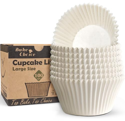 Bake Choice 100 Pièces Grand Caissette Muffins Papier, Diamètre du Fond 6,5 cm,Non Blanchi & Anti-Adhésif Caissette Muffins,pour Fêtes/Noël/Mariage/Anniversaire,Blanc