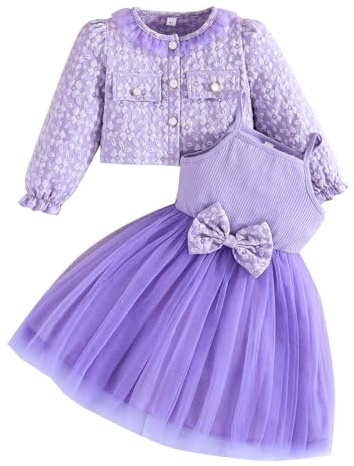 Yanmucy Flickklänningar och kappa set 2 st texturerat blomtryck klänningar långärmad kofta baby flicka kläder kläder för 2–8 år, lila, 5 år