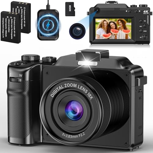 Appareil Photo Numérique 4K, 64MP 18X Autofocus Compact Caméra, 3'' Compact Caméra avec Carte 32GB Chargeur Lecteur 2 Batteries pour Adolescents Débutants Adulte