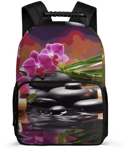 asbwuo Zaino con pietre massaggianti e fiori nella fontana, leggero, casual, da lavoro, design classico e resistente per l'uso quotidiano