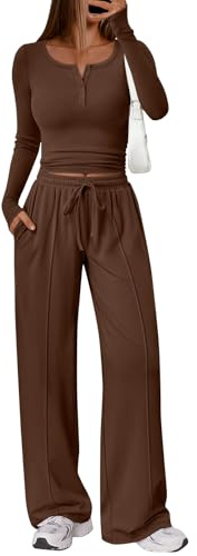 Trendy Queen 2 Piece Matching Lounge Sets for Women Early Fall Fashion Outfits 2026 Two Piece Airport Travel Vacation Sweatsuit Outfits Clothes Winter Clothing Coffee Brown M
