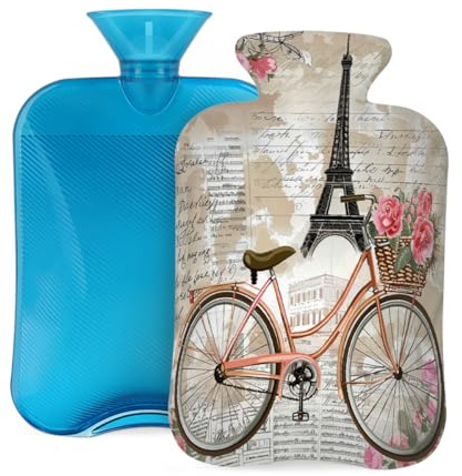 Myfsucce 2L Hot Water Bottle with Cover Vintage French Eiffel Tower Bike Print - Reusable PVC Hot Water Bag for Pain Relief, Cramps & Warmth (12.2x8in)