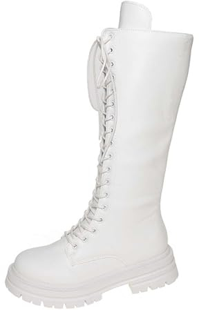 Generisch 2026 Botas altas hasta la pantorrilla, botines de invierno de moda con cordones, cómodos botines de plataforma con tacón grueso botas casuales de tobillo, Blanco, 42 EU