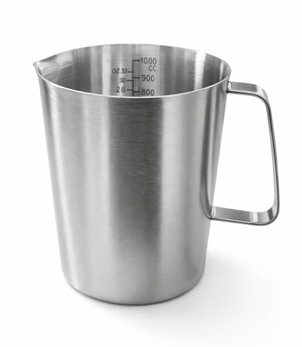 Kelav Taza Medidora de 1000ml en Acero Inoxidable 304, con Escala de Precisión Apertura Ancha con Pico Vertedor, para Leche, Café, Cocina y Repostería