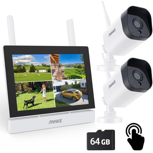 ANNKE 3K Wireless Security Camera System, 7 Touchscreen Monitor 4CH NVR CCTV System with 64GB SD Card, 2X 5MP Outdoor IP Cameras, 100ft Night Vision, Two-Way Audio, Motion Detection, Remote Access