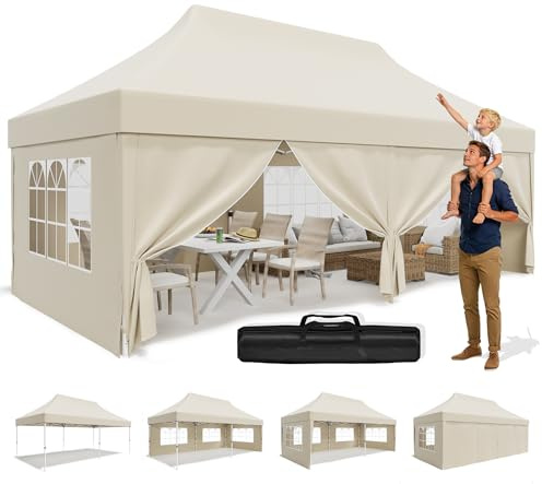JUMMICO Faltpavillon 3x6 mit Hoher Spitze, um 60% Verbesserte Regenschutzleistung. UV 50+, Pavillon 3x6 Wasserdicht Stabil Winterfest, Shelter mit seitenwänden, für Garten und Camping, Beige