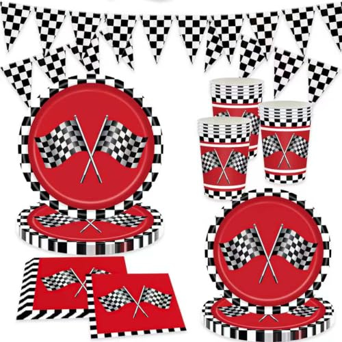 127PCS Racing Car Birthday Party Decorations, Race Cars Birthday Tableware includes Paper Plates, Cups, Napkins, and Race Banners, Serves 20 Guests for Racing Car Party Decoration