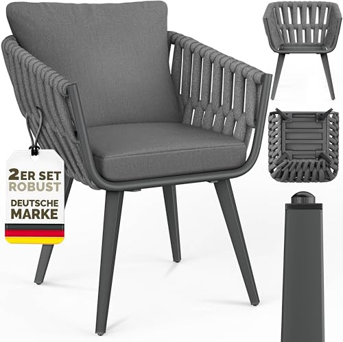 tillvex® Gartenstuhl 2er Set Wetterfest mit Armlehne & Kissen bis 160kg | Gartenstühle UV-beständig | Terrassenstuhl + Sitz- & Rückenpolster | Outdoor Stühle Sessel Gartenmöbel Terrasse Balkon Garten