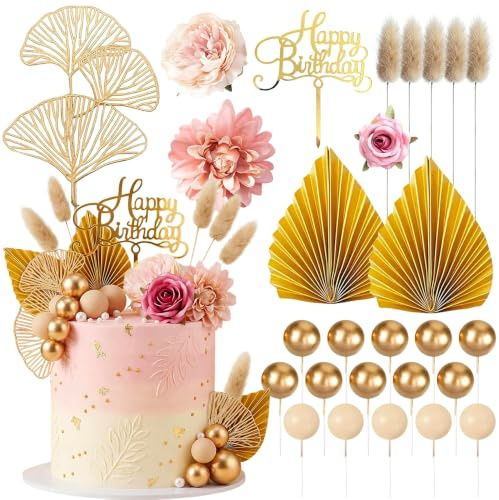 27 Stück Tortendeko Geburtstag Rosa Blumen Deko Torte Tortendeko Kugeln | Gold Happy Birthday Cake Topper Gras Blätter Kuchen Deko Geburtstag Tortendekoration Birthday Cake Decoration