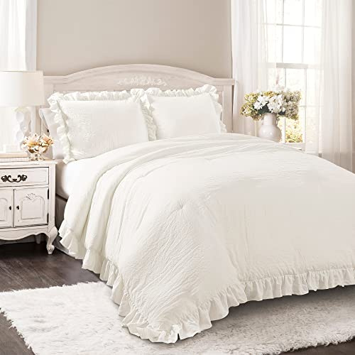 Lush Decor Reyna Ruffle Comforter Set - 3 Piece Cozy Ruffled Bedding Set - Timeless Elegance and Comfort for Dorm Room - Full/ Queen, White