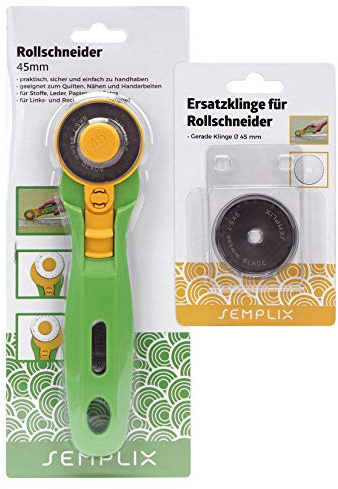 SEMPLIX Rollschneider + Ersatzklinge im Set Ø 45 mm – Stoffschneider mit integriertem Klingenschutz (grün)