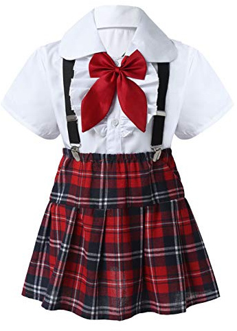 Freebily Completi Coordinati Bambina Camicia a Manica Corta Camicetta a Volant T-shirt Fiocco Cravatta Gonna a Pieghe Scozzese Gonna a Bretelle 4 Pezzi Set Performance Bianco 9-10 anni