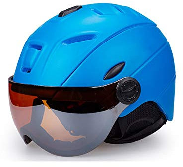NGHSDO Casque de ski 2 en 1 avec visière amovible, anti-buée, anti-UV, masque de snowboard intégré, poids léger, pour adulte homme et femme (couleur : bleu, taille : XL 61 63 cm)