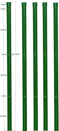 EXCOLO 5er-Set Metall-Zaunpfosten Ø34 mm, 1,7 m, pulverbeschichtet moosgrün RAL 6005, inkl. 3 Spanndrahthalter & Pfostenkappe, zum Einbetonieren – für Maschendrahtzäune bis 1,2 m Höhe