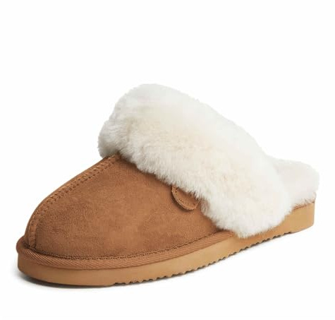Dearfoams Women's Fireside Sydney Shearling Fur Indoor/Outdoor Scuff Slipper with Wide Widths, Chestnut, 6.5