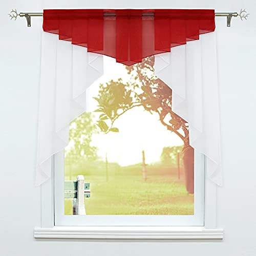 SCHOAL Scheibengardinen, Küche Gardinen, BxH 100x100 cm Rot | Kleinfenster Küchengardine mit Kräuselband oder Tunnelzug, Bistrogardinen Voile, Transparente Kurzgardinen Modern, 1 Stück