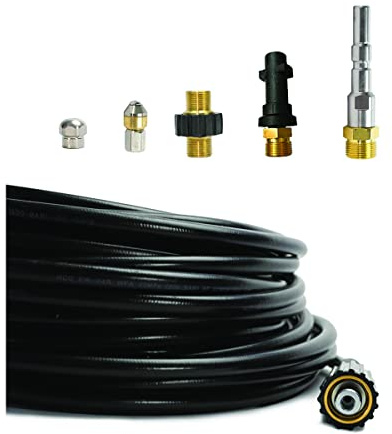 M&M Smartek Rohrreinigungsschlauch 60m, 6-teilig für Profi-Geräte | Set mit M22-, Bajonett- und KEW-Adapter sowie 2 Düsen; geeignet für verschiedene Profi- und Hobby-Hochdruckreiniger.