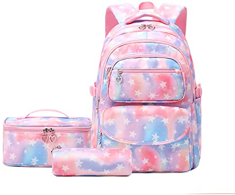 Tanou Mochilas Escolares Niña, 3 Piezas con Bolsa Térmica Estuche, 24 Litros Mochila Escolar para Primaria Secundaria, Mochila Colegio para Niñas de 8-14 Años, Estrella Rosa