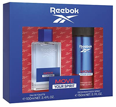Reebok Move Your Spirit Estuche Regalo Perfumes Hombre Pack de 2 Piezas Eau de Toilette 100ml y Desodorante Body Spray 150ml con Vaporizador Set Fragancia Masculina, Marina y Fresca Colonia Hombre