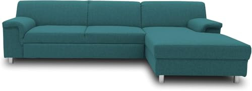 DOMO. collection Ecksofa Junin, Longchair rechts mit Bettfunktion, Petrol | Longchair rechts mit Bettfunktion, L-Form Sofa, Metallfüße in Chromoptik, Schlaffunktion, 251 x 150 x 72 cm (BxTxH), petrol