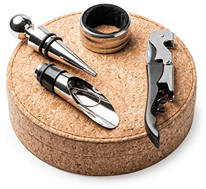 Juego de Vino accesorios en Acero y Corcho: sacacorchos de 2 tiempos con cortacápsulas, recogegotas, dosificador y tapón