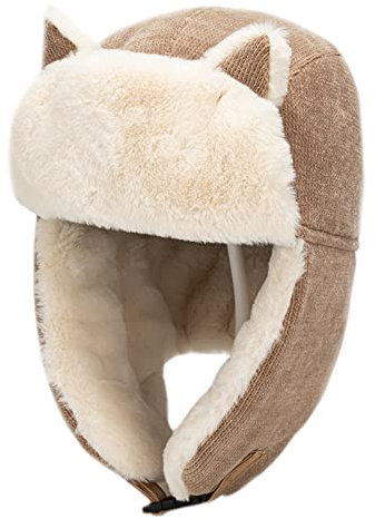 Niedliche Katzenohren-Wintermütze für Damen, mit Fell-Ohrenklappen und Schnallenverschluss, süße Fliegermütze, Khaki, Einheitsgröße