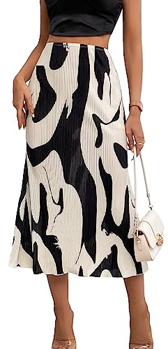 GORGLITTER Women's High Waist Pleated Graphic Bodycon Pencil Midi Skirt Elegant Long Skirts Black and Beige M